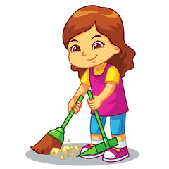 Girl Clean Up Garbage With Broom And Dust Pan