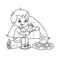 Boy Making Campfire And Baking Marshmallow BW