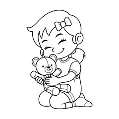 Girl Playing With Her Bear Doll BW