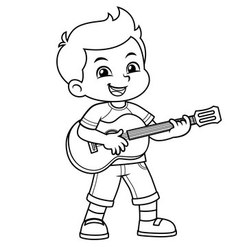 Boy Practicing Music With His Guitar BW