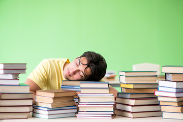 Student with too many books to read before exam