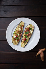 Baked Aubergines with Pomegranate, Mint and Pine Nuts