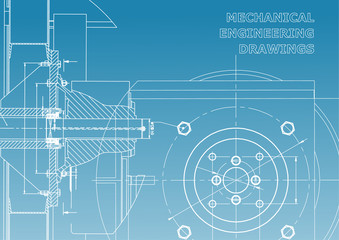 Technical illustration. Mechanical engineering. Backgrounds of engineering subjects. Technical design. Instrument making. Blue and white