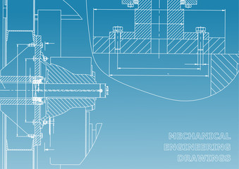 Technical illustration. Mechanical engineering. Backgrounds of engineering subjects. Technical design. Instrument making. Cover, banner, flyer, background. Corporate Identity. Blue and white