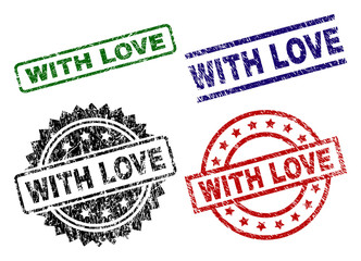 WITH LOVE seal prints with damaged texture. Black, green,red,blue vector rubber prints of WITH LOVE label with retro texture. Rubber seals with round, rectangle, medallion shapes.