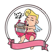 Cupid with harp on round emblem scribble