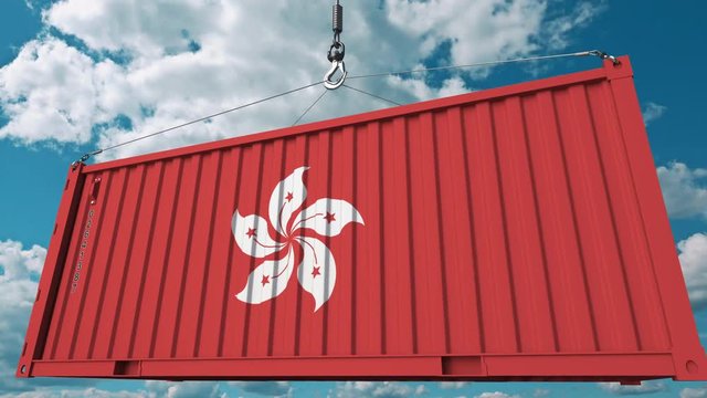 Loading container with flag of Hong Kong. Import or export related conceptual 3D animation