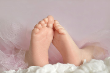 Tiny feet of a newborn baby girl on a pink background.