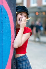 Portrait of girl with beanie and red tshirt