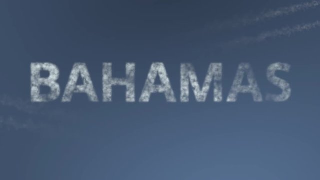 Flying airplanes reveal Bahamas caption. Vacation travel conceptual intro animation