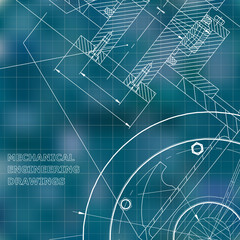 Blue background. Grid. Backgrounds of engineering subjects. Technical illustration. Mechanical engineering. Technical design. Instrument making