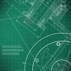 Light green background. Grid. Backgrounds of engineering subjects. Technical illustration. Mechanical engineering. Technical design. Instrument making