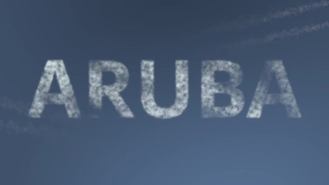 Flying airplanes reveal Aruba caption. Vacation travel conceptual intro animation