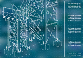 Building. Metal constructions. Volumetric constructions. 3D design. Abstract backgrounds. Cover, background, banner. Blue background. Points