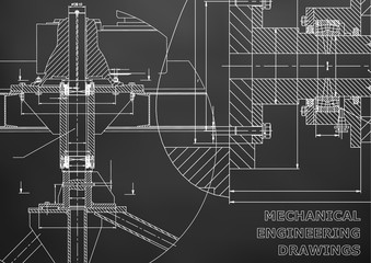 Mechanical engineering. Technical illustration. Backgrounds of engineering subjects. Technical design. Instrument making. Cover, banner, flyer. Black background. Grid