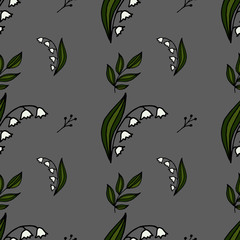 Fototapeta na wymiar Floral seamless background. Lilies of the valley. Sprigs, leaves. Gray background