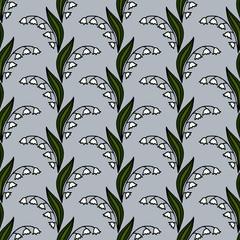 Floral seamless background. Lilies of the valley. Sprigs, leaves. Waves of flowers. Strips. Light gray background
