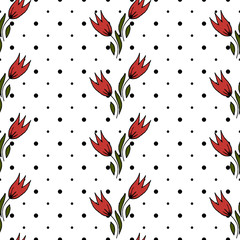 Seamless floral pattern. Pattern for fabric, trellis. Tulips. Stripes of flowers on a white background. Background in black polka dots