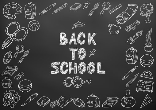 Back to school. Drawing with chalk. Black board. School elements. Hand drawing