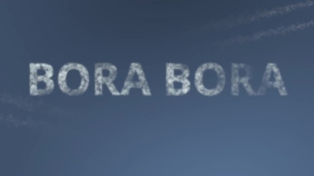 Flying airplanes reveal Bora Bora caption. Vacation travel conceptual intro animation