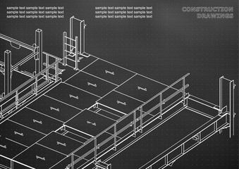Building. Metal constructions. Volumetric constructions. 3D design. Abstract. Black background. Points