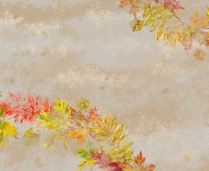 Empty Textured Surface Decorated with Autumn Leaves. Watercolor Autumnal Template with Painted Effects and Text Space  for Print, Background, Announcement, Advertisement, poster, Greeting Card, etc.