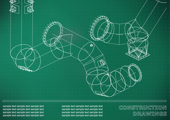 Drawings of steel structures. Pipes and pipe. 3d blueprint of structures. Cover, background for your design. Light green background. Points