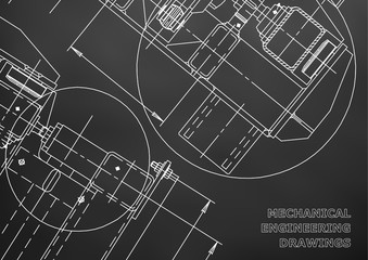 Mechanical Engineering drawing. Blueprints. Mechanics. Cover. Engineering design, instrumentation. Black background. Grid