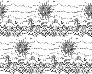 Doodle style hand drawn surfing vector seamless pattern tile with surfer, ornate sun, fishes and funny whale on the ocean waves on cloudy sky background. Line art coloring book illustration.