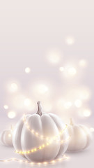 White pumpkins and soft pink magic lights vector holiday background. Romantic wedding card vertical backdrop