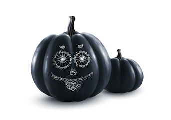 Naklejka na ściany i meble Black vector Halloween pumpkins with doodle style white funny face
