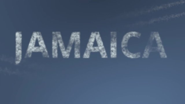 Flying airplanes reveal Jamaica caption. Vacation travel conceptual intro animation