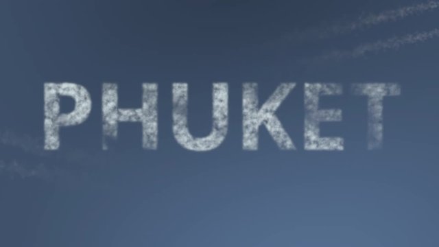 Flying airplanes reveal Phuket caption. Vacation travel conceptual intro animation