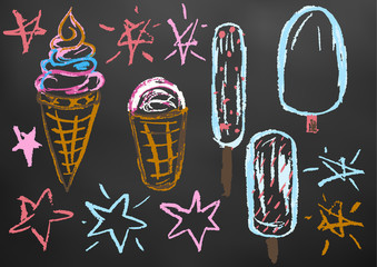 Children's drawing color chalk on a blackboard. Design elements of packaging, postcards, wraps, covers. Sweet children's creativity. Ice cream, sweets, summer, stars