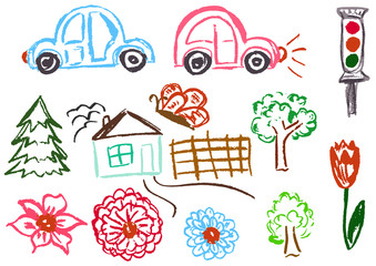 Sweet children's creativity. Cars, traffic light, tree, tree, butterfly, house, fence, flowers, tulip