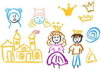 Children's drawing with colored wax crayons. Design elements of packaging, postcards, wraps, covers. Sweet children's creativity. Spiral, triangle, faces, crown, prince, princess, castle, flags