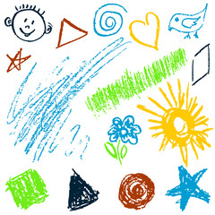Children's drawing with wax crayons. Design elements of packaging, postcards, wraps, covers. Sweet children's creativity. Square, triangle, circle, star, flower, sun, grass, bird, spiral, star, face