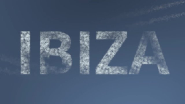 Flying airplanes reveal Ibiza caption. Vacation travel conceptual intro animation