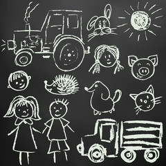 Children's drawings. Elements for the design of postcards, backgrounds, packaging. Chalk on a blackboard. Tractor, truck, woman, man, sun, faces