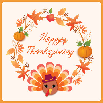 Happy Thanksgivivg design illustration vector with turkey bird, maple leaf, pumpkins and apples.
