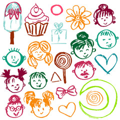 Set elements for your creativity. Children's drawings of wax crayons on a white background. People, faces, children, ice cream, cupcake