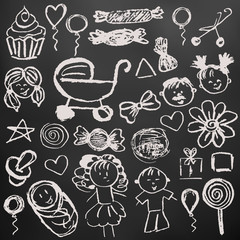 Set elements for your creativity. Children's drawings with white chalk on a black background. Newborn, stroller, cake, air balls