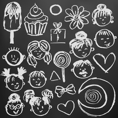 Set elements for your creativity. Children's drawings with white chalk on a black background. People, faces, children, ice cream, cupcake
