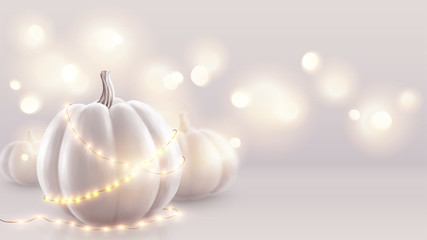 White realistic pumpkins and warm lights vector greeting card background. Halloween and wedding soft pink backdrop