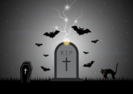 Halloween gravestone bat coffin cat vector