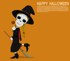 A little skull witch with a lollipop on orange background