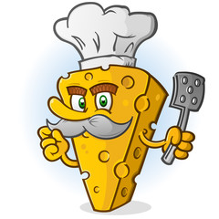 Cheese Chef Cartoon Character with Mustache Holding a Spatula