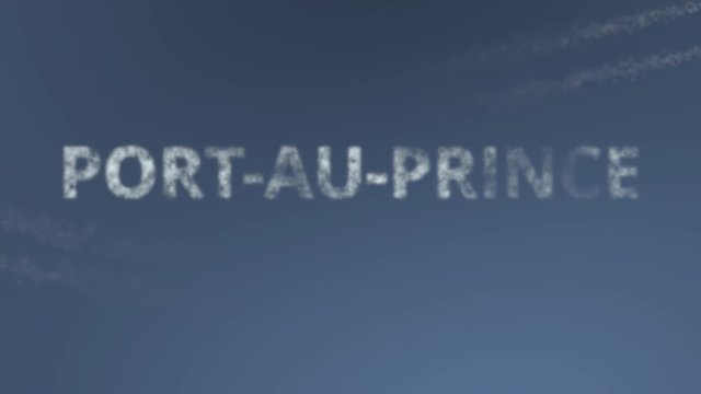 Flying airplanes reveal Port-au-Prince caption. Traveling to Haiti conceptual intro animation