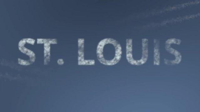 Flying airplanes reveal St. Louis caption. Traveling to the United States conceptual intro animation
