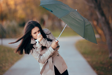 Girl Fighting The Wind Holding Umbrella Raining Weather